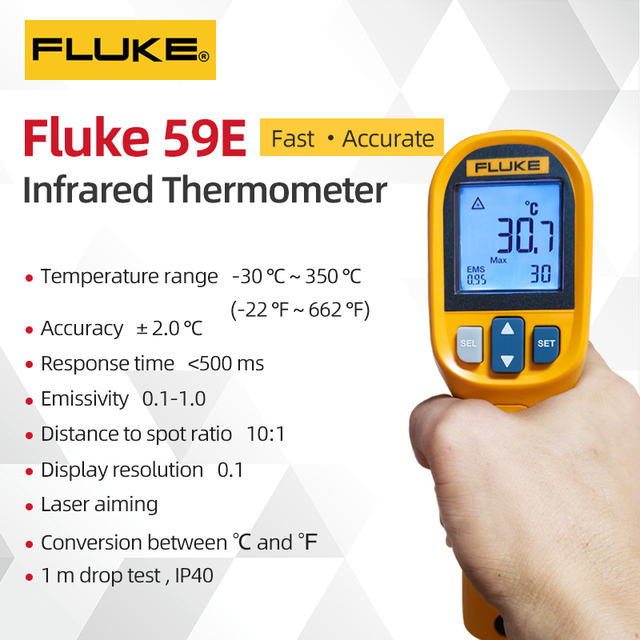 Fluke F59 F59E -30℃-350℃ เครื่องวัดอุณหภูมิอินฟราเรด ความแม่นยําสูง แบบมือถือ หน้าจอดิจิตอลเลเซอร์ infared thermometer