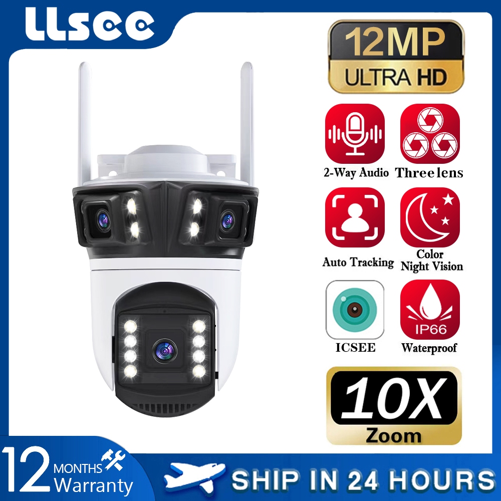 LLSEE ICSEE 6K สามเลนส์สามหน้าจอ Full HD WIFI กลางแจ้งไร้สายกล้องวงจรปิดกันน้ำคืนวิสัยทัศน์ติดตามปลุกกล้องรักษาความปลอดภัย