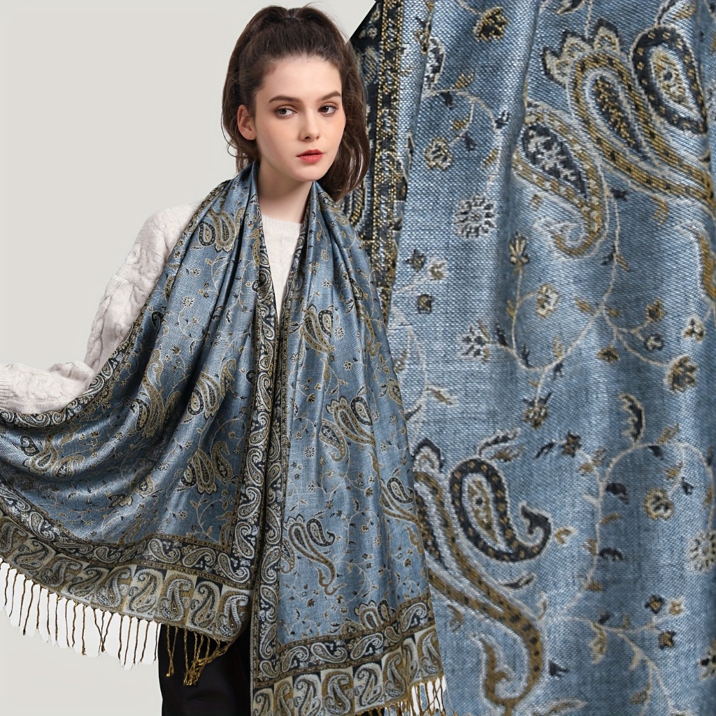 ลาเวน วินเทจเม็ดมะม่วงหิมพานต์ชาติพันธุ์ผ้าคลุมไหล่มุสลิมผ้าคลุมศีรษะ ผ้าแจ็คการ์ด พู่ผ้าคลุมไหล่ผู้หญิงสบายผ้าพันคอหนา