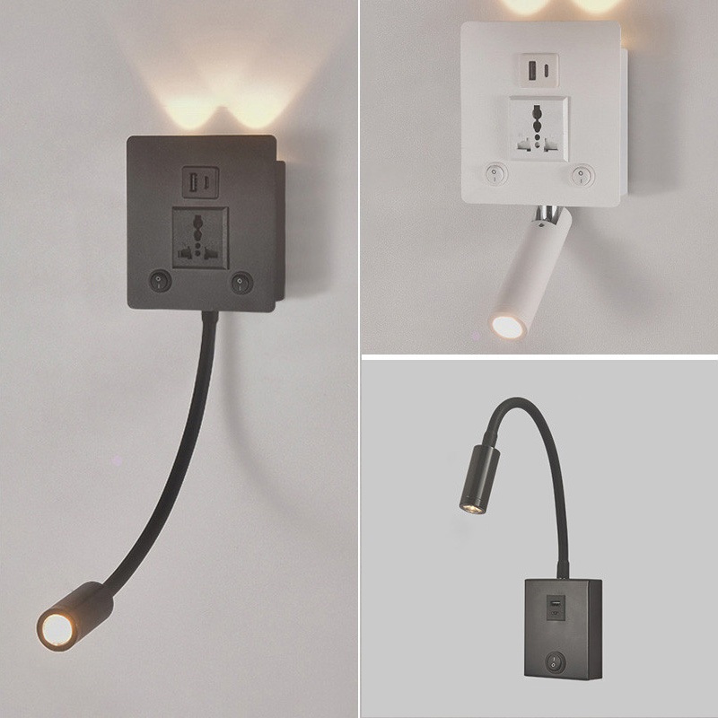 โคมไฟติดผนังพร้อม USB และปลั๊กไฟอเนกประสงค์ ไฟหัวเตียงอ่านหนังสือ สําหรับตกแต่งห้องนอน/ห้องนั่งเล่น/ทางเดิน