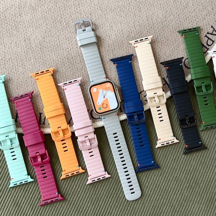 Wave สายนาฬิกาซิลิโคนสําหรับ iWatch Strap Series10 9 Series8 Series7 6 5 4 3 2 1,SE ,SE2, Ultra Strap ขนาด 49mm 41mm 45mm 40mm 44mm 36mm 42mm 44mm i สายนาฬิกาสร้อยข้อมือ
