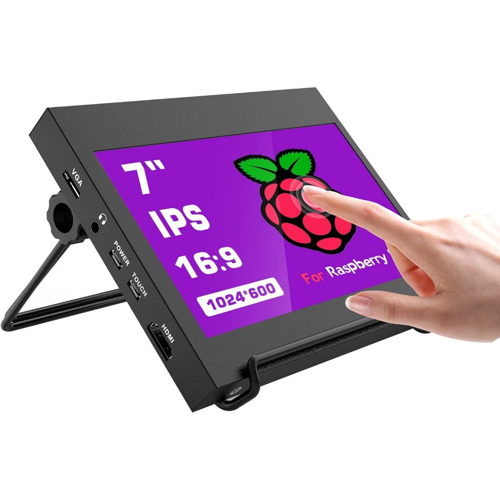 Aprotii RasPi หน้าจอสัมผัส, 1024X600 7 "หน้าจอ IPS RasPi พร้อมเคส, จอแสดงผลหน้าสัมผัสแบบ Capacitive USB/HDMI สําหรับโทรศัพท์ PC RasPi 4B 3B + 3B + 2B B + (พร้อมขาตั้ง)