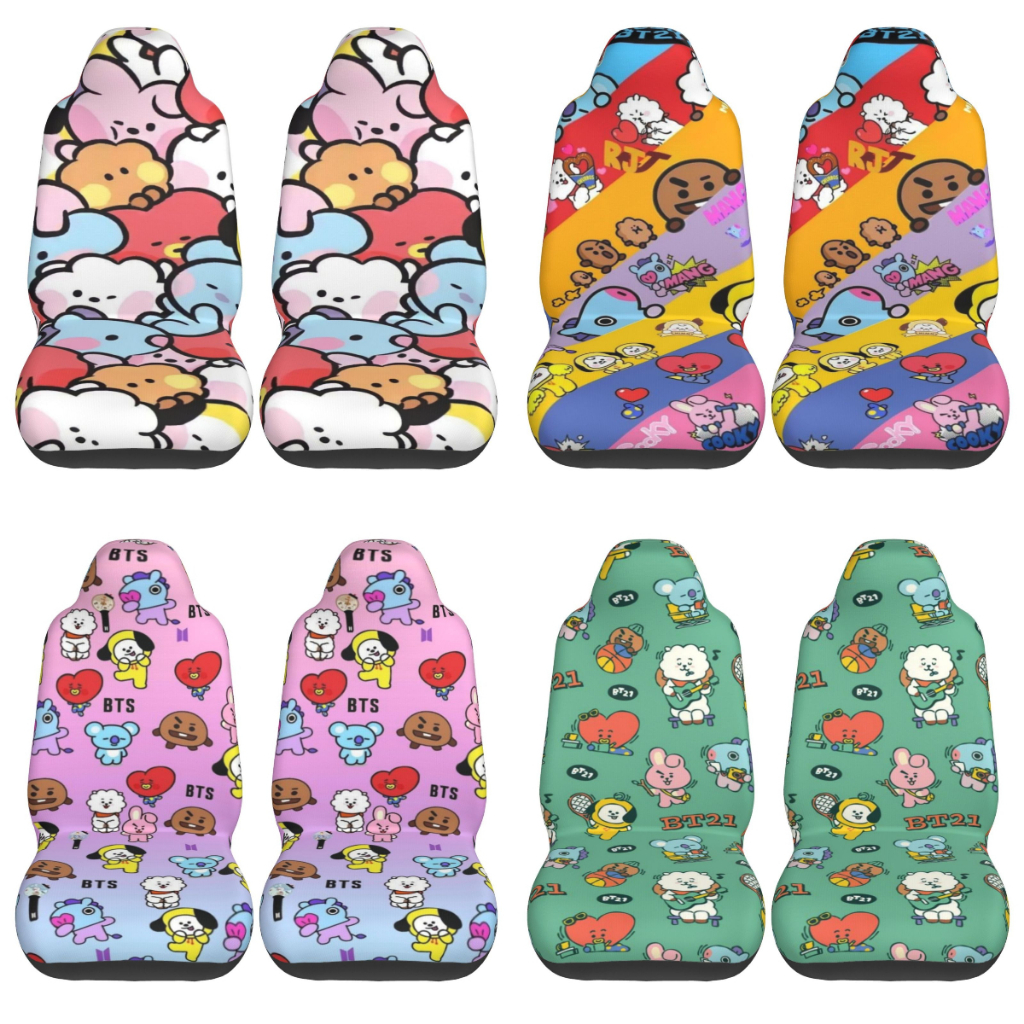 Bts BT21 ผ้าคลุมเบาะรถยนต์ Universal Auto Front Seats Protector เหมาะสําหรับรถ,SUV Sedan,รถบรรทุก (2 ชิ้น)