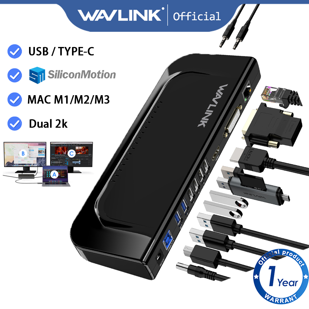 Wavlink Universal แล็ปท็อป Docking Station 13-in-1 USB Hub Dual Monitor Thunderbolt USB4 HDMI และ DV