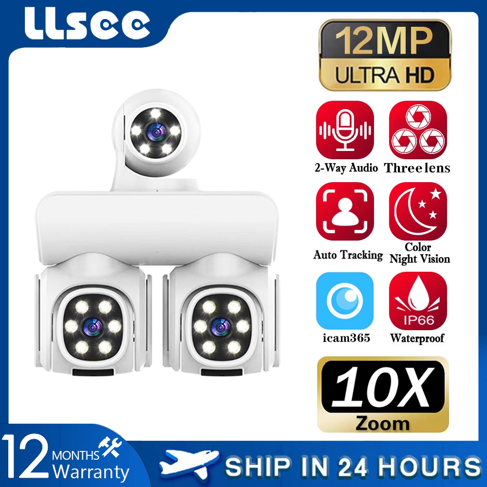 LLSEE icam365 6K 12MP 3 เลนส์สามารถควบคุม PTZ หมุนกล้องวงจรปิดไร้สายกลางแจ้ง WIFI Night Vision ติดตามสัญญาณเตือนภัย IP กล้อง