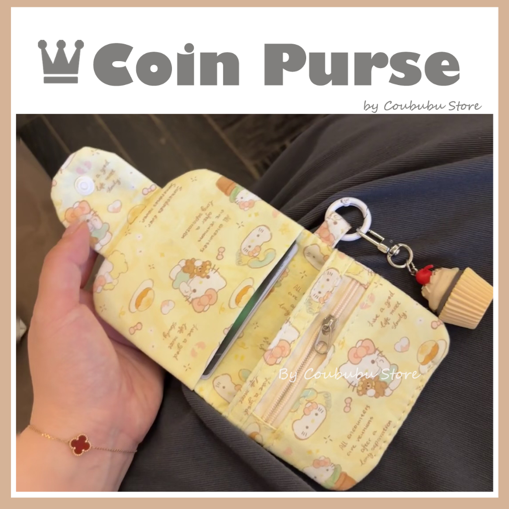 คูบุบุ Japanese Ins Cute Short Mini Wallet กระเป๋าใส่เหรียญ ID Card Storage Card Holder with pompom พวงกุญแจ