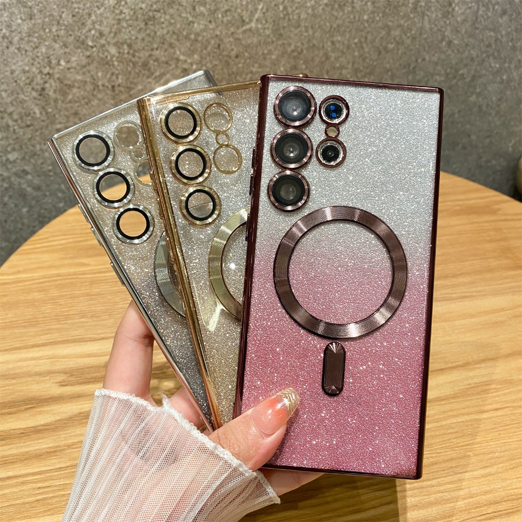 เคส Samsung S25 Edge S25 Ultra S25 Plus S24 FE กะพริบตาแม่เหล็ก เคสใสแบบนุ่มรองรับการชาร์จแบบไร้สายชุบกันกระแทกป้องกันเลนส์ป้องกันกล้อง