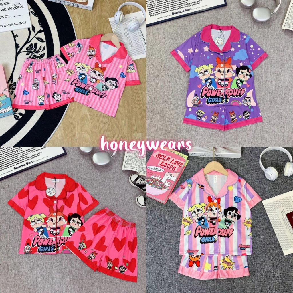 honeywears⚡️พร้อมส่ง⚡️ชุดนอนแขนสั้นเด็ก ลำลองสองชิ้น กระดุม คอปก พิมพ์ลายการ์ตูนน่ารัก แฟชั่น สไตล์เกาหลี ไซส์ 110-150