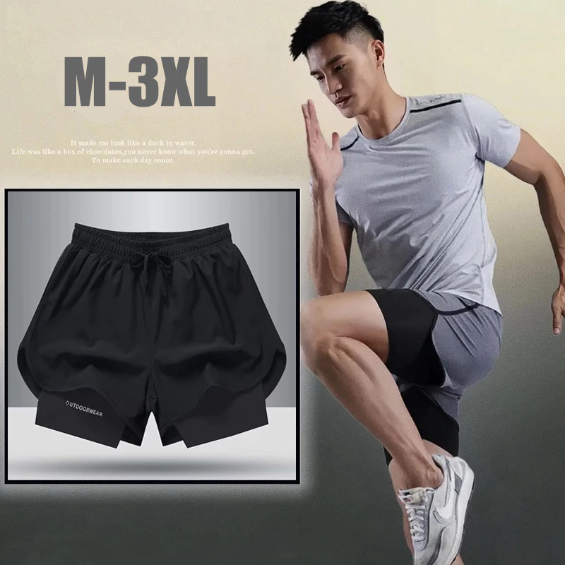 M-3XL กีฬาปลอมกางเกงขาสั้นสองชิ้นแห้งเร็วและน้ำหนักเบาออกกำลังกายว่ายน้ำ