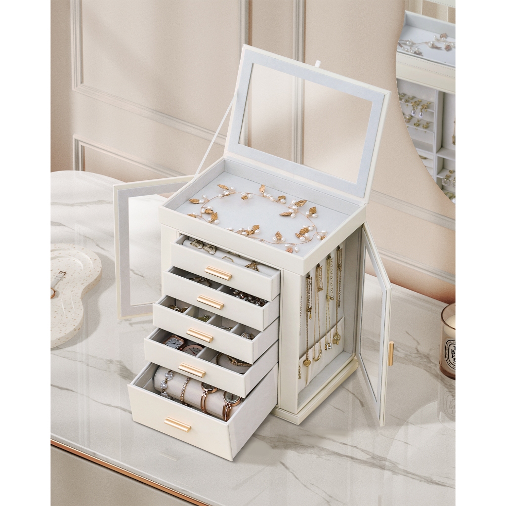 Casegrace กล่องเครื่องประดับขนาดใหญ่ 360° หมุนกล่องเก็บเครื่องประดับที่มี5ลิ้นชักเครื่องประดับออแกไนเซอร์หน้าต่างอะคริลิซ้อนทับการจัดเก็บเครื่องประดับแนวตั้งเปิดออกแบบของขวัญที่ดี