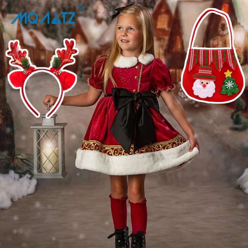 Mqatz ฤดูหนาวชุดคริสต์มาสสีแดงหนาชุดเจ้าหญิงคอสเพลย์เสื้อผ้า Big Bow Girls เครื่องแต่งกาย SD099