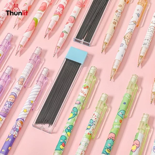 Thunlit ดินสอกด 5 ชิ้น ขายส่ง สำหรับนักเรียนประถม สีพีช น่ารัก ดินสอกดเหลาฟรี พร้อมยางลบและไส้ดินสอ