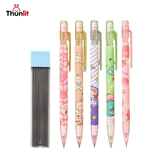 Thunlit ดินสอกด 5 ชิ้น ขายส่ง สำหรับนักเรียนประถม สีพีช น่ารัก ดินสอกดเหลาฟรี พร้อมยางลบและไส้ดินสอ