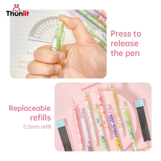 Thunlit ดินสอกด 5 ชิ้น ขายส่ง สำหรับนักเรียนประถม สีพีช น่ารัก ดินสอกดเหลาฟรี พร้อมยางลบและไส้ดินสอ