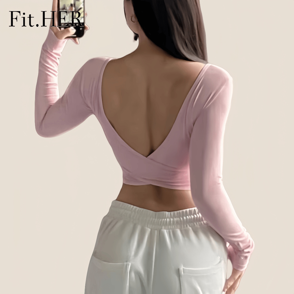 Fit.her Fixed Bra Pads Cross V กลับกีฬาแขนยาวพิลาทิสด้านบนผู้หญิงโยคะฟิตเนสขนาดใหญ่เปิดกลับ