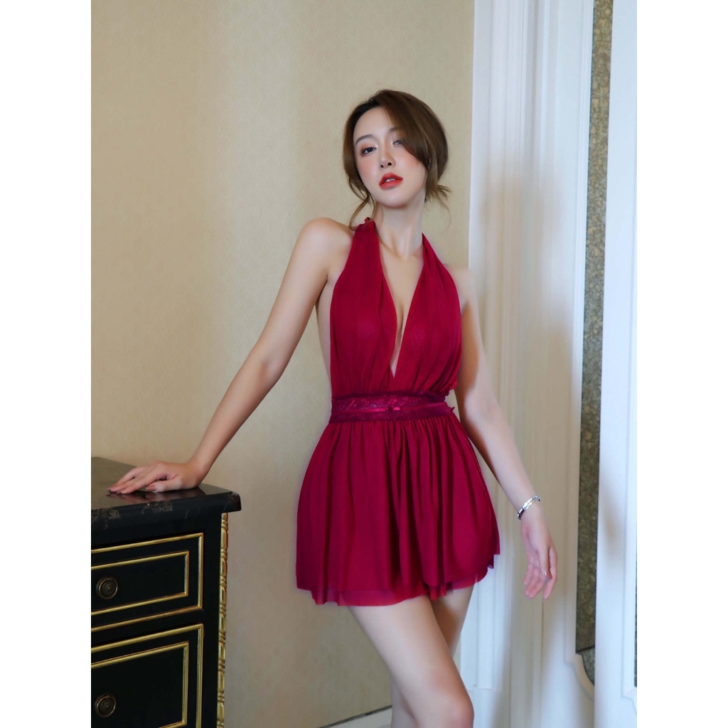 ชุดชั้นในเซ็กซี่ผู้หญิงผ้ากอซดูผ่าน Halterneck ชุดนอนลูกไม้เซ็กซี่ Nightdress Loungewear