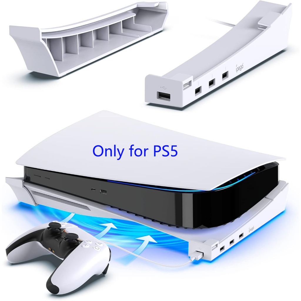 ขาตั้งแนวนอนสำหรับเครื่อง PS5 พร้อมพอร์ต USB 4 ช่อง ขาตั้งด้านข้างสำหรับ PlayStation 5 รุ่นดิสก์และดิจิตอล พร้อมฐานรองสำหรับชาร์จคอนโทรลเลอร์อย่างรวดเร็ว