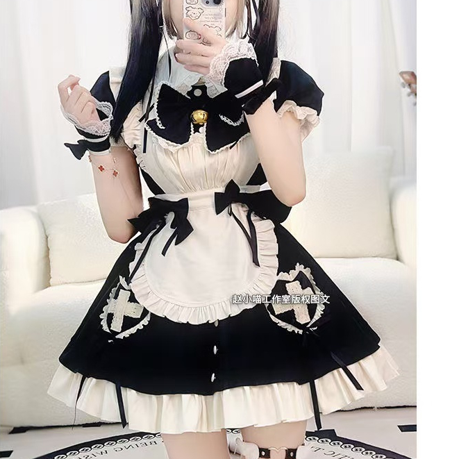 ญี่ปุ่นหวานและน่ารักโลลิต้านุ่มสาวเอวชุดแขนสั้นผ้ากันเปื้อนชุดแม่บ้านที่สง่างาม