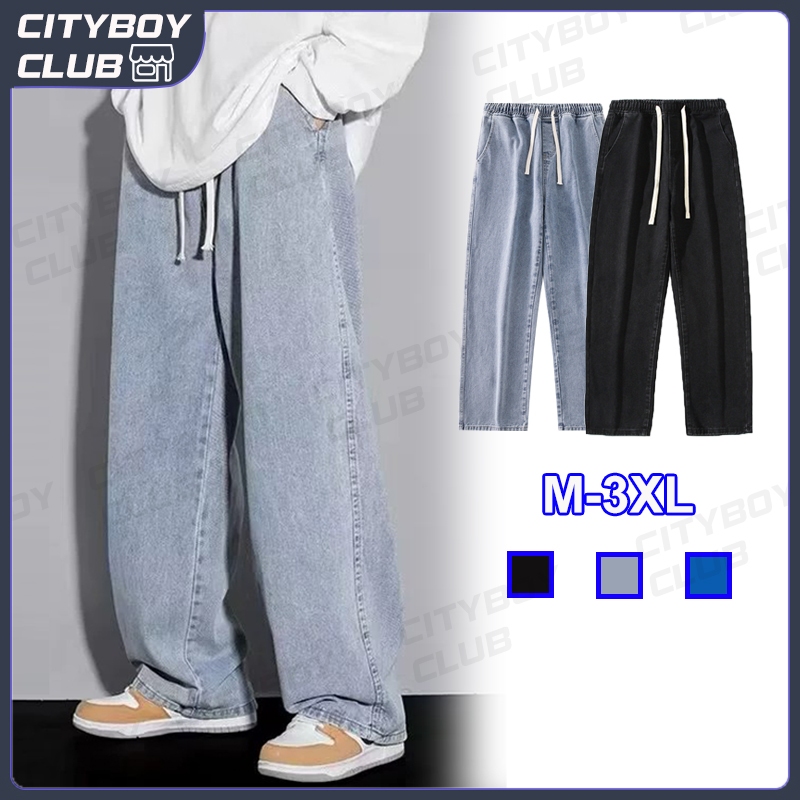 กางเกงยีนส์ยาวชาย ทรงกระบอกเอวสูง ใส่สบาย เอวยางยืด ปรับเอวด้วยเชือก เท่ๆเข้ากับทุกแนว ฟ้าอ่อน ดำ