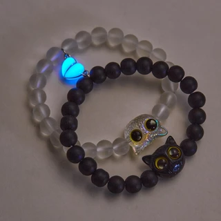 แฟชั่น Handmade 2pcs Glow in the Dark Luminous น่ารักแมว Blue Eye Heart แม่เหล็กคู่สร้อยข้อมือลูกปัดปรับสายรัดข้อมือสําหรับผู้ชายผู้หญิงเครื่องประดับ