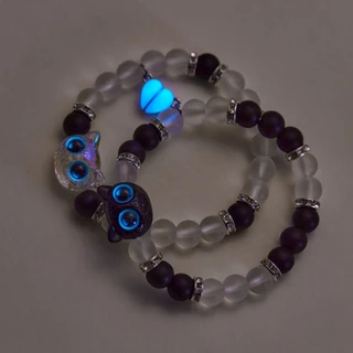 แฟชั่น Handmade 2pcs Glow in the Dark Luminous น่ารักแมว Blue Eye Heart แม่เหล็กคู่สร้อยข้อมือลูกปัดปรับสายรัดข้อมือสําหรับผู้ชายผู้หญิงเครื่องประดับ