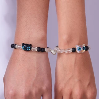 แฟชั่น Handmade 2pcs Glow in the Dark Luminous น่ารักแมว Blue Eye Heart แม่เหล็กคู่สร้อยข้อมือลูกปัดปรับสายรัดข้อมือสําหรับผู้ชายผู้หญิงเครื่องประดับ