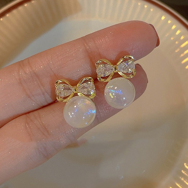 แฟชั่นเกาหลีโบว์ต่างหูมุก s925 ต่างหูเพทายสําหรับผู้หญิงของขวัญเครื่องประดับ