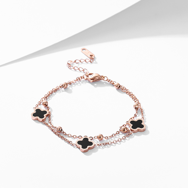 ญี่ปุ่นสไตล์เกาหลีสองชั้นสีดําสีขาวเชลล์สองด้านโคลเวอร์สี่ใบไทเทเนียม - รูปที่ 6