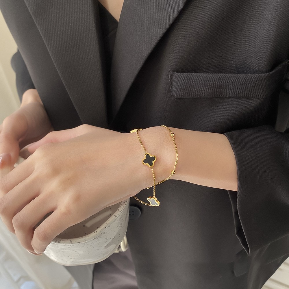 ญี่ปุ่นสไตล์เกาหลีสองชั้นสีดําสีขาวเชลล์สองด้านโคลเวอร์สี่ใบไทเทเนียม - รูปที่ 4