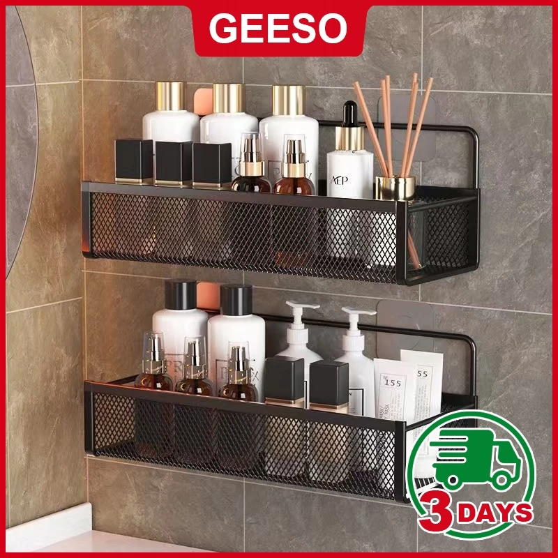 GEESO ชั้นวางของในห้องน้ำ ไม่ต้องเจาะ ตะแกรงวางของในห้องน้ำ ที่วางของในห้องน้ํา มีกาวแถม Bathroom Storage Rack 密网置物篮