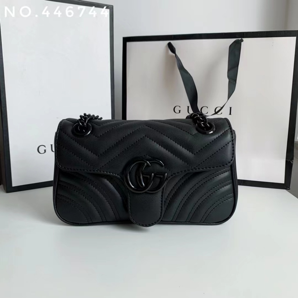 [ของแท้ดั้งเดิมพร้อมกล่องบรรจุภัณฑ์] Gucci GG Marmont Series Black Label Logo Quilted Chain Leather 