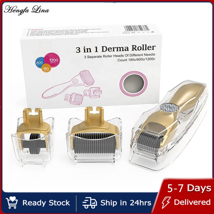 3 In 1 Derma Roller Kit 180/600/1200 ไทเทเนียมเข็ม Skin Care Gold Silver Microneedle Roller 3 หัว DRS