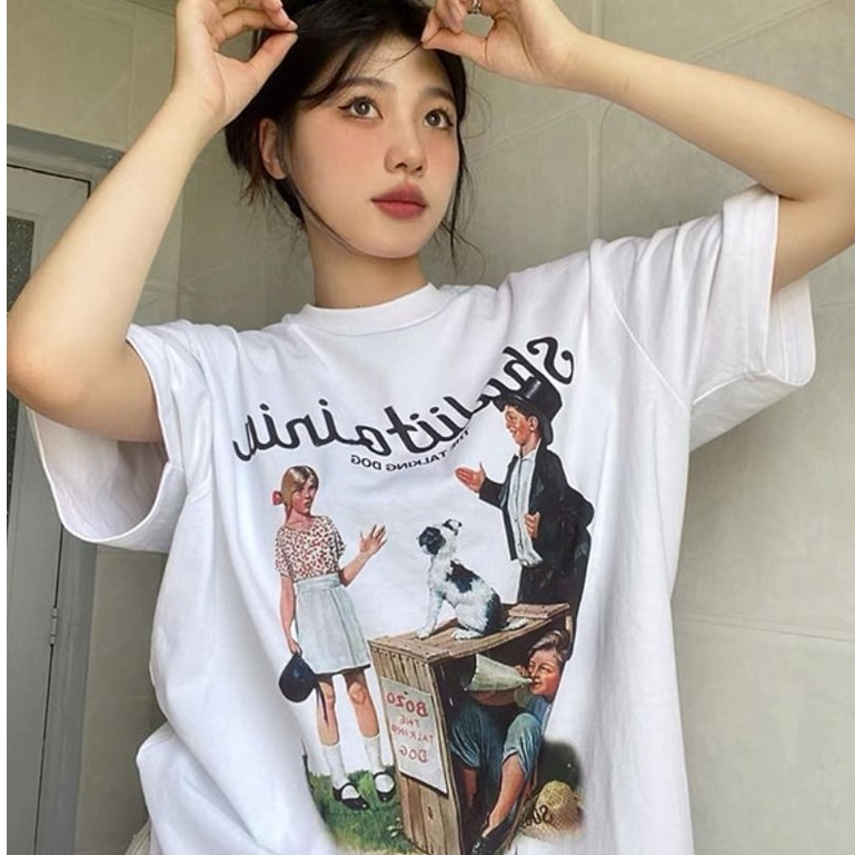 ผ้าฝ้ายผ้าหนาสไตล์อเมริกันกีฬาย้อนยุคเสื้อยืดแขนสั้นสําหรับผู้ชายและผู้หญิงด้านบน