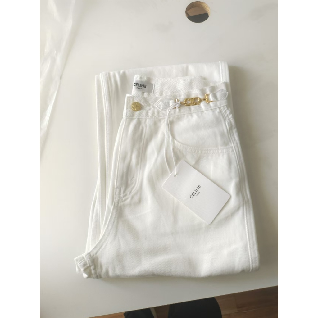 CELIN Fall Metal Chain White High-Waist Straight Wide Leg Jeans for Women