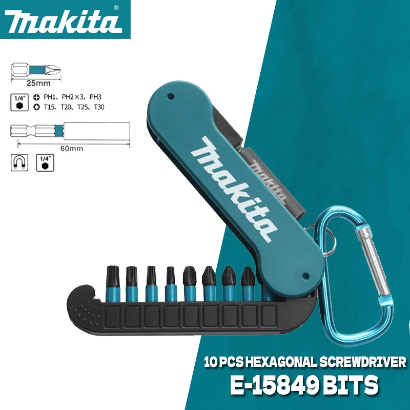 Makita E-15849 ไขควงชุด Bit 10 ชิ้นหกเหลี่ยม Philips ไขควงไฟฟ้า Bits แขนแม่เหล็ก PH1 PH2 PH3 T15 T20 T25 T30