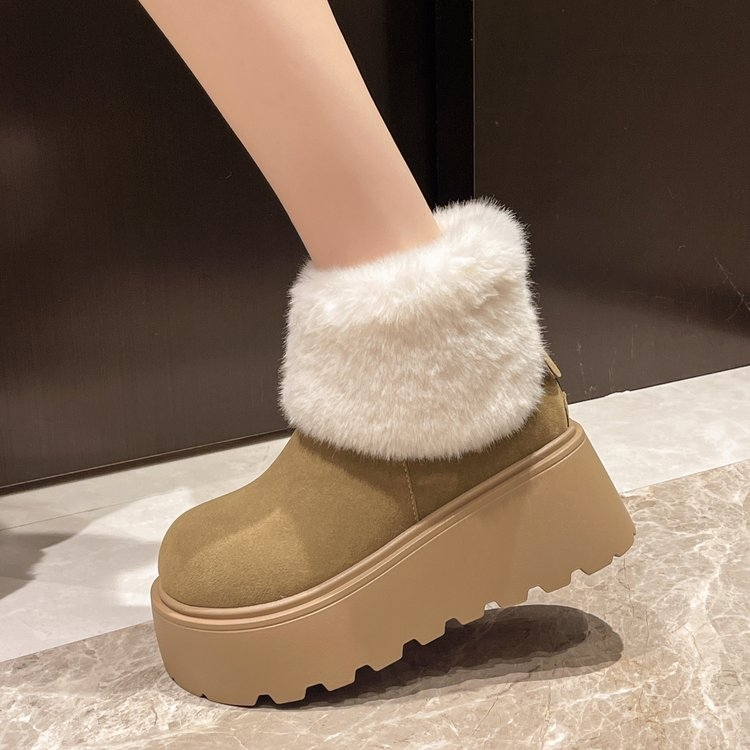 Snow Boots สไตล์อังกฤษขนแกะ-ขนแกะ Warm หนาSoled Mid-Tube รองเท้าขนาดเล็กความสูงรองเท้าผ้าฝ้ายรองเท้าผู้หญิง