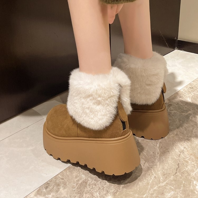 Snow Boots สไตล์อังกฤษขนแกะ-ขนแกะ Warm หนาSoled Mid-Tube รองเท้าขนาดเล็กความสูงรองเท้าผ้าฝ้ายรองเท้าผู้หญิง