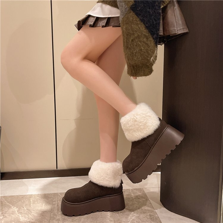 Snow Boots สไตล์อังกฤษขนแกะ-ขนแกะ Warm หนาSoled Mid-Tube รองเท้าขนาดเล็กความสูงรองเท้าผ้าฝ้ายรองเท้าผู้หญิง