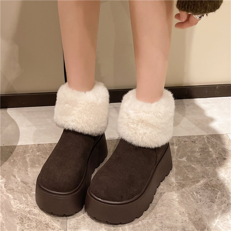 Snow Boots สไตล์อังกฤษขนแกะ-ขนแกะ Warm หนาSoled Mid-Tube รองเท้าขนาดเล็กความสูงรองเท้าผ้าฝ้ายรองเท้าผู้หญิง