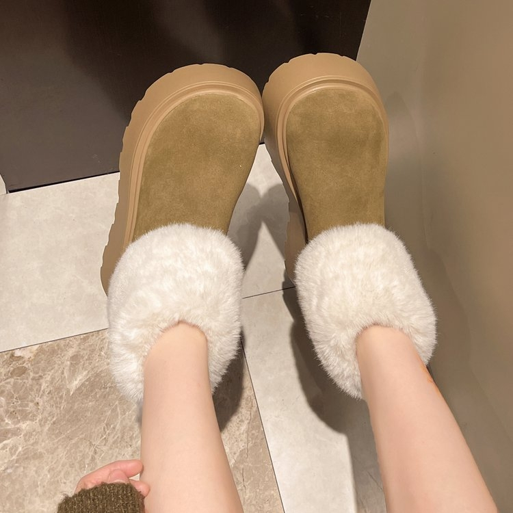 Snow Boots สไตล์อังกฤษขนแกะ-ขนแกะ Warm หนาSoled Mid-Tube รองเท้าขนาดเล็กความสูงรองเท้าผ้าฝ้ายรองเท้าผู้หญิง