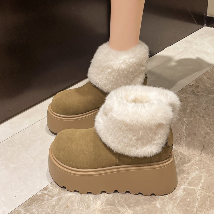 Snow Boots สไตล์อังกฤษขนแกะ-ขนแกะ Warm หนาSoled Mid-Tube รองเท้าขนาดเล็กความสูงรองเท้าผ้าฝ้ายรองเท้าผู้หญิง