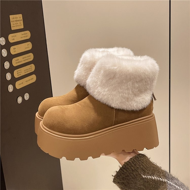 Snow Boots สไตล์อังกฤษขนแกะ-ขนแกะ Warm หนาSoled Mid-Tube รองเท้าขนาดเล็กความสูงรองเท้าผ้าฝ้ายรองเท้าผู้หญิง