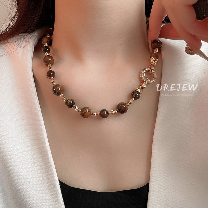 DREJEW เดรช ทองแท้ชุบด้วยไฟฟ้ารอบเพทายเสือตาลูกปัดสร้อยคอ