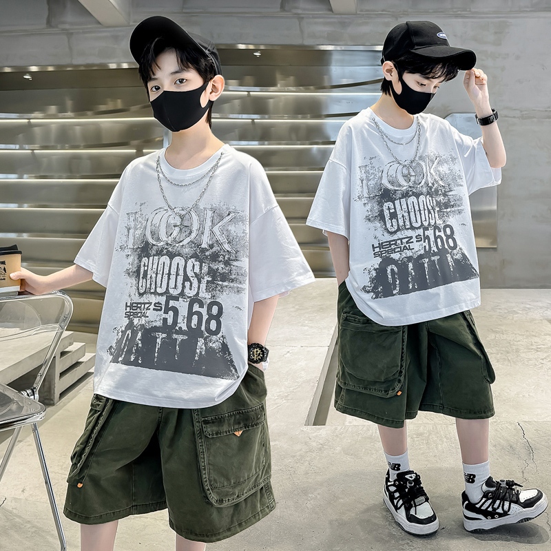เด็กชายฤดูร้อนผ้าฝ้ายแท้แขนสั้นเสื้อยืดเวอร์ชั่นเกาหลีสไตล์ใหม่ขนาดกลางขนาดใหญ่เด็กฤดูร้อนอินเทรนด์ด้านบนหล่อ