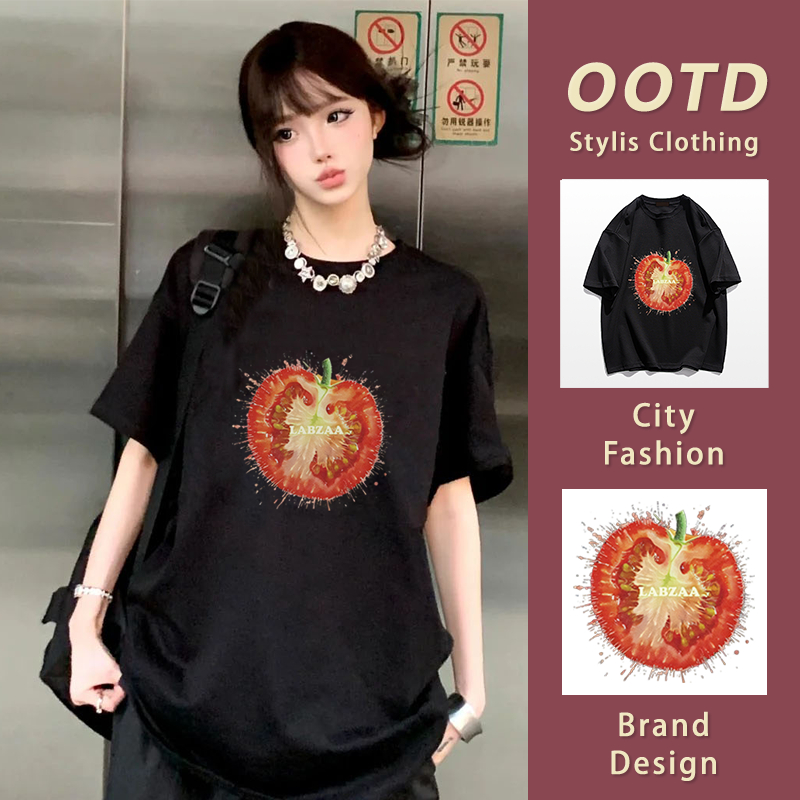 เสื้อยืดผู้หญิงสไตล์เกาหลี ยืดยุ่น ไซส์ใหญ่ นุ่มสบาย ลายมะเขือเทศ 100% Cotton T-shirt YG125
