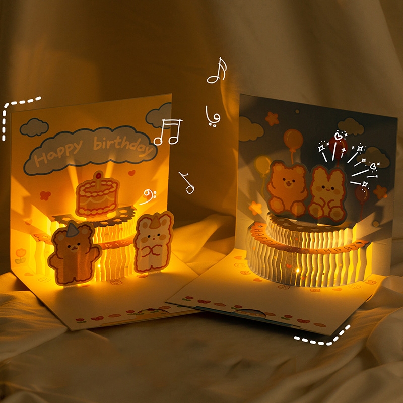 การ์ดอวยพร 3D พร้อมเพลงเบา Pop Up น่ารักหมีดนตรีเค้กการ์ดอวยพรของขวัญปาร์ตี้ห่อ Surprise Blessing Card ซองจดหมายข้อความหมายเหตุการ์ด