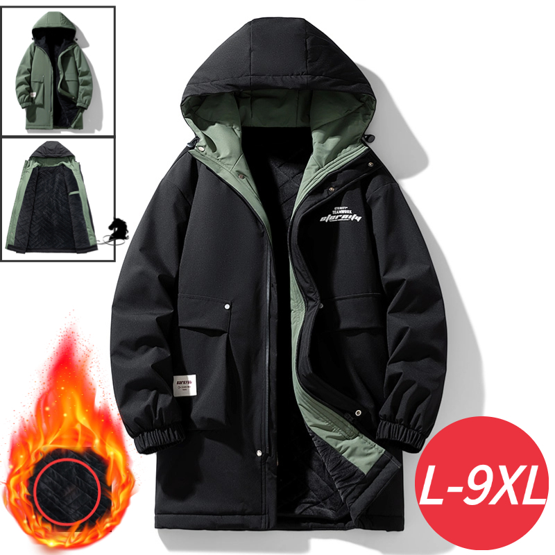 [L-9XL] ฤดูหนาวซับขนแกะหนาwindproofกันน้ําhooded Jacket Street Wear All-Match Fat Men Plusขนาดความยาวกลางแจ็คเก็ต