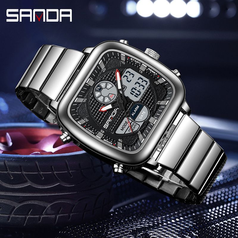 Sanda 9101-2/in stock Creative Retro Multi functional Multi display Dial อินเทรนด์ควอตซ์นาฬิกาอิเล็กทรอนิกส์ผู้ชาย