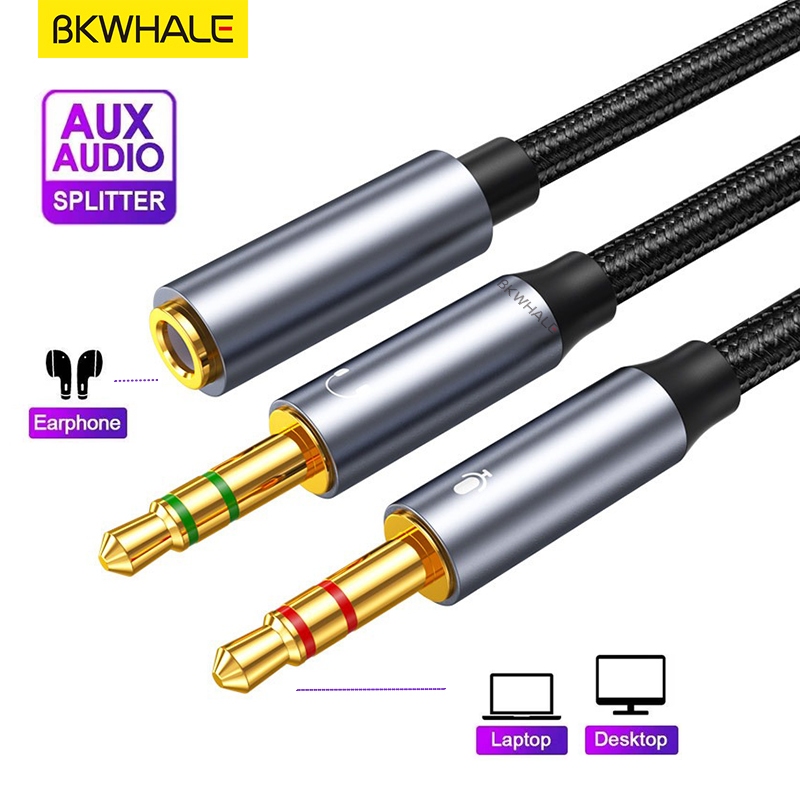 Bkwhale สายสัญญาณเสียงไฮไฟ 3.5 มม. 2 IN 1 ชาย 2 พอร์ตหญิง Aux อะแดปเตอร์สาย Mic Audio Y Splitter ลวดผ้าถักแจ็คเก็ตชุดหูฟังสําหรับ PC