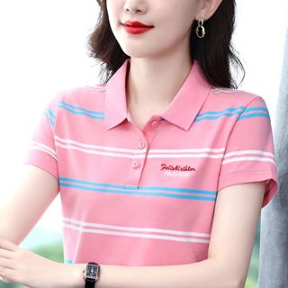 คุณภาพ 100 % ลายคอปกเสื้อยืดผู้หญิงเสื้อผ้าสั้นแขนสั้นเสื้อผ…